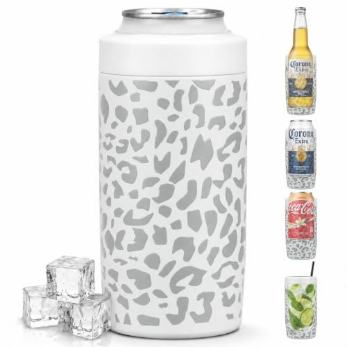 Image of 4-in-1 Slim Can Cooler Easy to Hold Insulated Beer Can Holder Double-walled Stainless Steel for All 12 Oz Cans Gift (White Leopard)