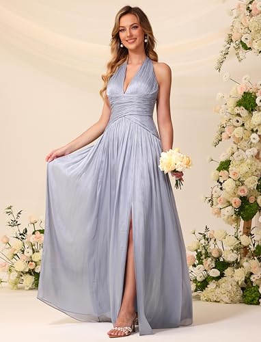 Image of Shimmer Chiffon Bridesmaid Dresses for Women Long | Deep V Neck,Pleated,Knotted,Empire Waist,with Slit,Breathable,Lightweight,Flowy,Formal Evening Dress