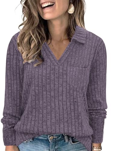 Image of VISLILY Womens-Plus-Size-Tops Collared V Neck Polo Shirts Lightweight Long Sleeve Sweaters Trendy Pocket Decor Tunic Blouses