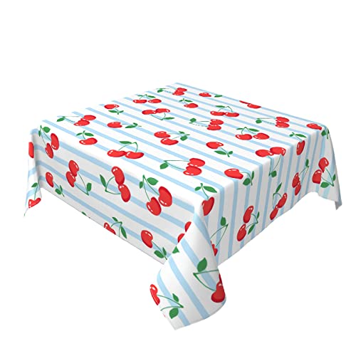 Cherry Fruit Tablecloth Cherry Blue White Stripe Square Tablecloth, All Season Universal Waterproof Wrinkle,Suitable For Dining Room, Outdoor,60"X60" #TOP1