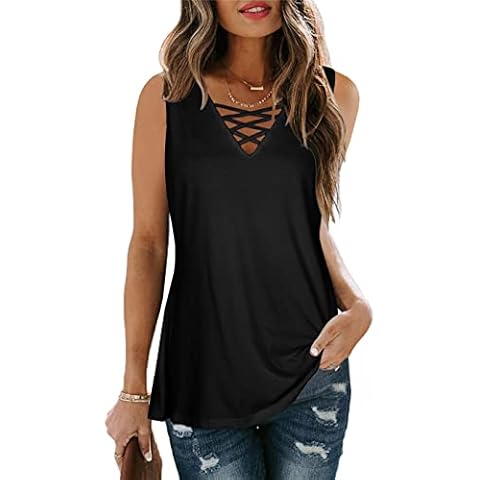 Women Summer Sleeveless Tops Criss Cross V Neck Tank Tops Casual Basic Solid Color Vest Black Cover
