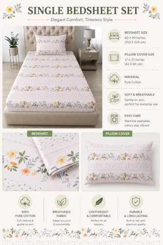 Image of Amazon Brand - Umi Trendy Single Bed Sheet Set | Pure Cotton 160 TC | 60X90 Inches | Pillow Cover 17X27 | Elegant Home & Hostel Bedsheet