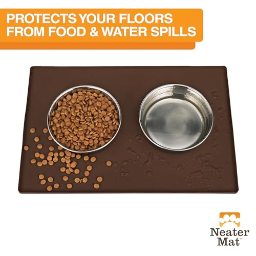 Image of Neater Pet Brands Neater Mat Pet Mats for Food and Water, Cat & Dog Bowl Mat Waterproof Silicone, Feeding Tray, Dog Food Mats for Floors, Placemat w /Raised Edge for Under Bowls, 24 inch x 16 inch, Brown