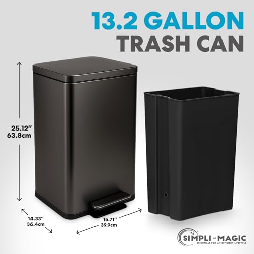 Image of Simpli-Magic 13.2 Gallon (50L) Step Trash Can - Kitchen Garbage Can with Slow-Close Lid - Odor Control, Hands-Free, Easy to Clean, Brushed Stainless Steel