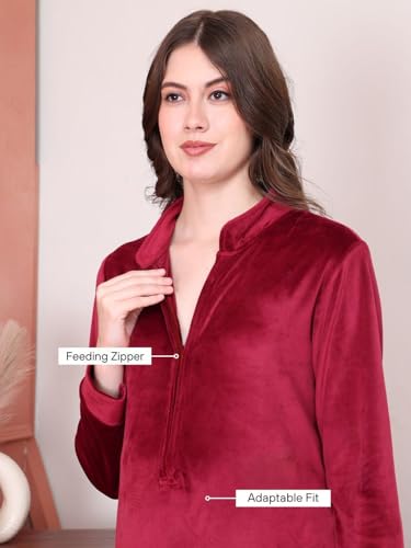 Image of Secret Wish Solid Velvet Maternity Nighty Full Length