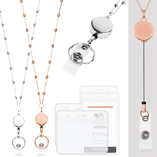 2 Stück Badge Lanyard mit ID-Haltern Einziehbares Badge Reel Lanyard mit ID-Haltern Edelstahl-Halsketten-ID-Badge-Halter für Frauen Wasserabweisend (Silber + Roségold) Cover