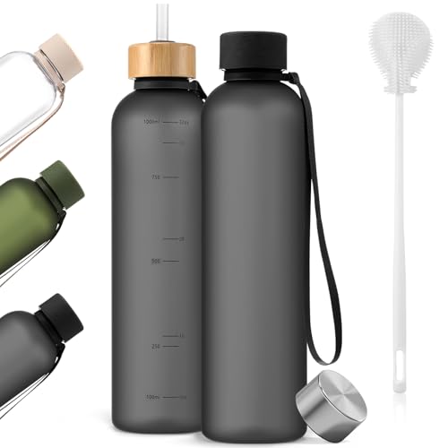 Reallnaive 32oz Slim Water Bottle [Lightweight & Shatterproof] with Straw and 2 Lids, Stainless Steel Lid & Bamboo Straw Lid for Travel, Sports, School, Gym- Dishwasher Safe(Black Clear)