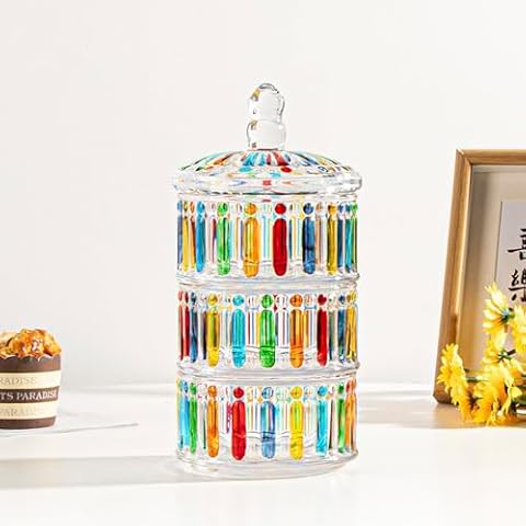 3 Tier 10 inches 45 oz Colorful Crystal Candy Jar with Lid, Storage Glass Jar Candy Jar Jewelry Organizer Decorative Jar Party Decor(Three Tier) Cover