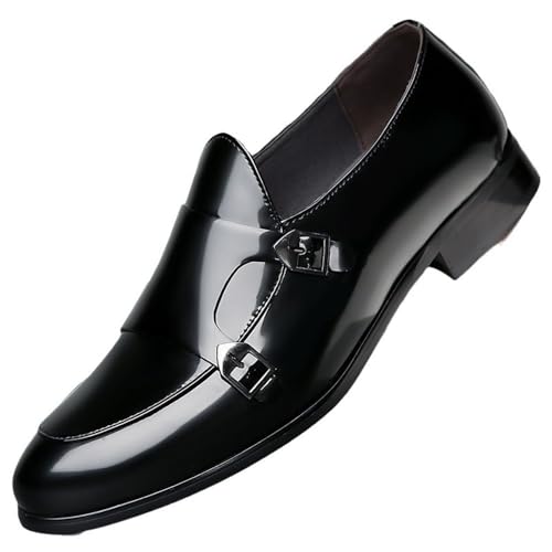 Mens Elevator Dress Shoes Genuine Leather Slip On Pointed Toe Monk Business Casual Office Suit Shoes Black Elegant
