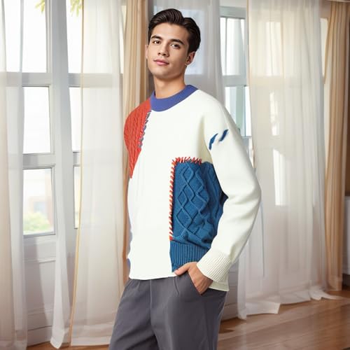 GURUNVANI Patchwork Sweater Mens Colorblock Jumper Cable Knitted Pullover Oversized4