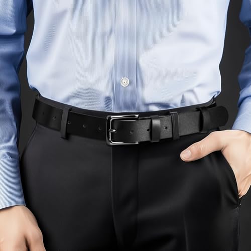 Image of maikun Mens Black Leather Belt, Casual Dress Belts For Men, Classic Design Pin Buckle