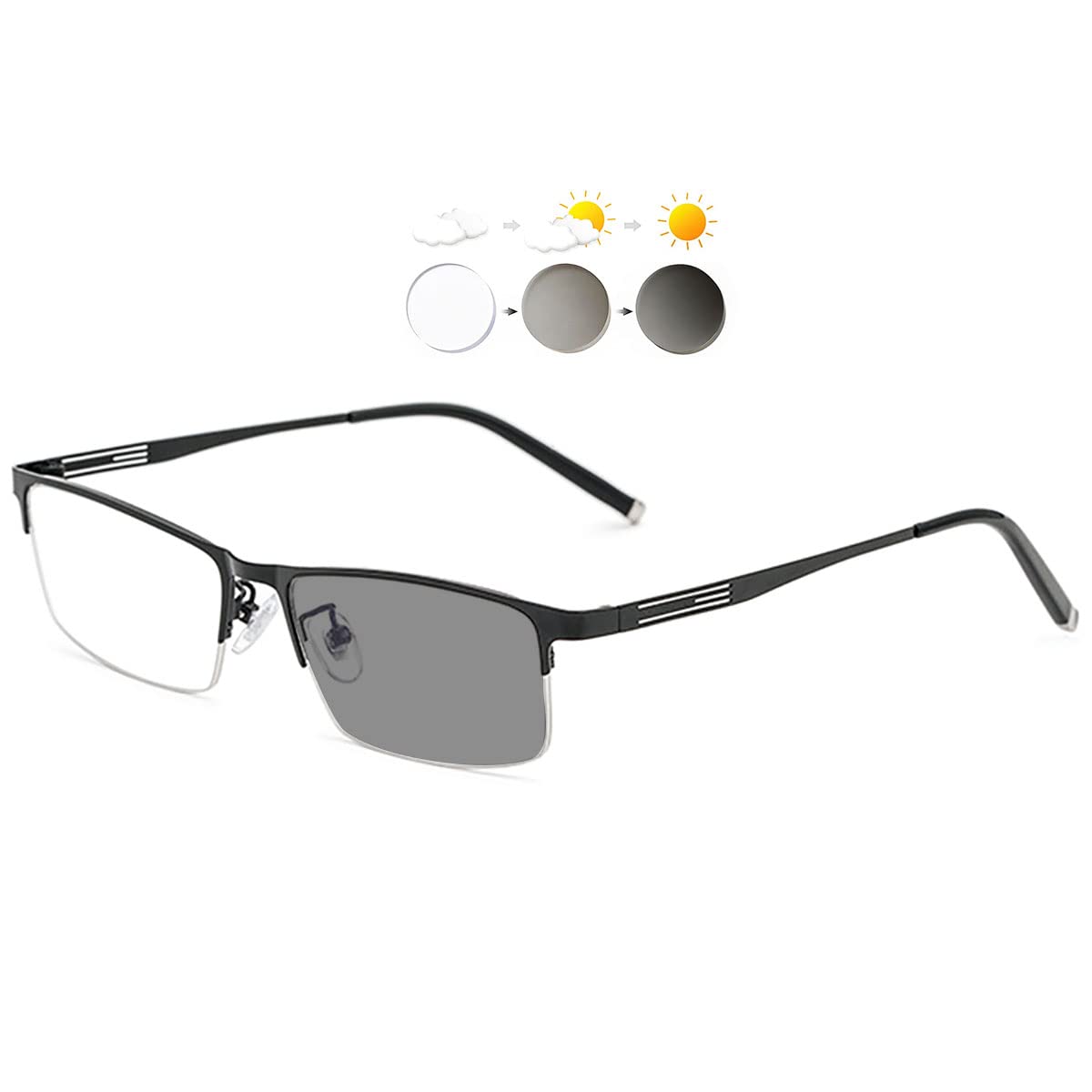 KOOSUFA Gafas de lectura fotocromáticas para hombre y mujer, marco de metal rectangular con protección UV, gafas de lectura 0.0 1.0 1.5 2.0 2.5 3.0 3.5