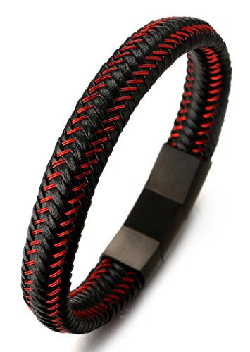 Halukakah ● JAZZ ● Men's Genuine Black/Brown/Blue Leather Bracelet Sport Red/Gun Black/Sail Blue/Moonlight Silver Titanium Magnetic Clasp Size Adjustable 8.5