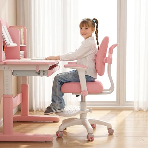 SwiftPath Chaise de Bureau pour Enfants, Chaise d'étude Ergonomique à roulettes avec accoudoirs rabattables, Double Soutien Dorsal, Chaise d'ordinateur réglable en Hauteur et en Profondeur (Rose)