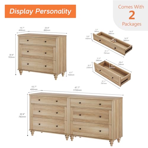WAMPAT Dresser for Bedroom with 6 Drawers, Oak Kids Dressers with Wide Chest of Drawers, Mid Century Modern Wooden Closet Storage Organizer, Large Wood Dressers for Living Room, Nursery, Hallway - Image 2