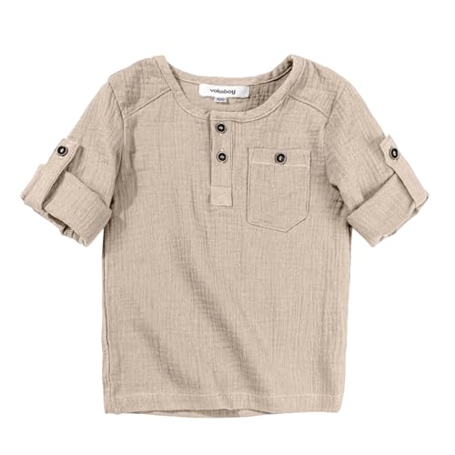 Volunboy Toddler Boys Henley Long Sleeve Cotton Linen Shirt Solid Short Beach Casual Button Tees Tops