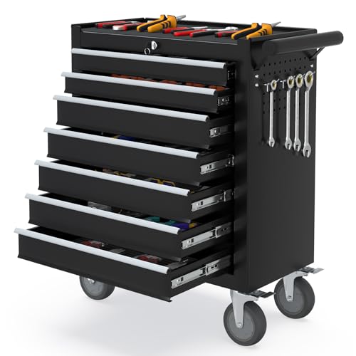 7 Drawers Tool Chest with Wheels, Portable Storage Rolling Tool Chest, Tool box with Lock for Warehouse, Garage, Repair Shop and Tool Room