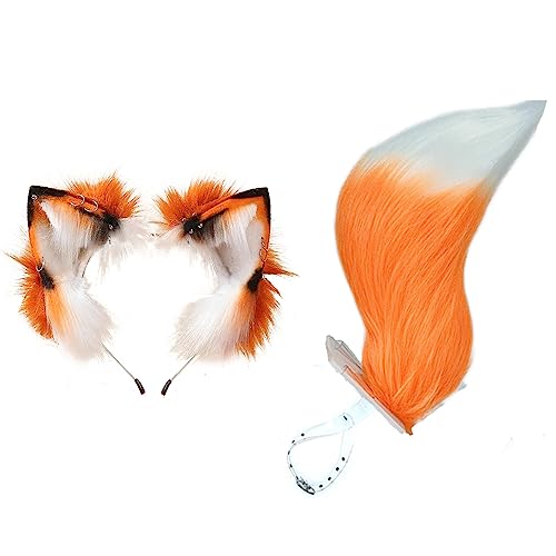 ATekatac Wolf Ears Handmade Animal Ears Halloween Headband Cat ears Rollable Ear (W Brown Ear Tail)