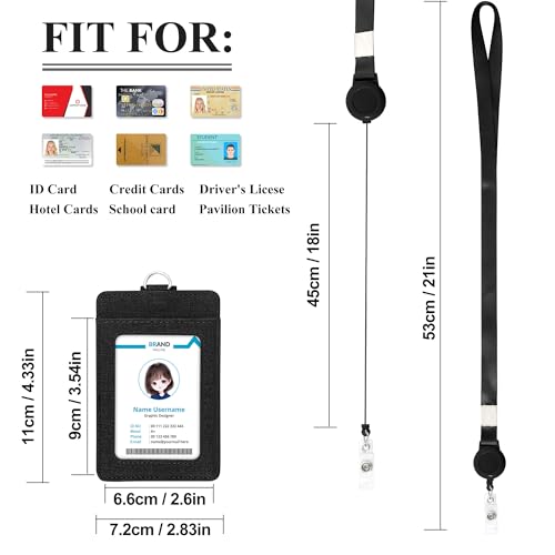 Image of Conisy ID Badge Holder with Retractable Lanyard, Vertical PU Leather ID Badge Card Holder with 2 Card Slots for Women Men (ID Badge Holder Black)