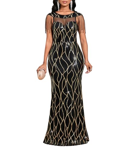 Image of Cololura Women Sexy Sequin Mesh Perspective Bodycon Party Cocktail Evening Gown Maxi Dress