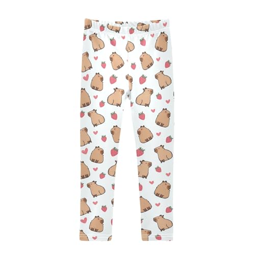 Cute Capybara with Strawberry Hearts Girls Leggings Soft Comfortable Athletic Leggings Dancing Pants for 4-10 Years