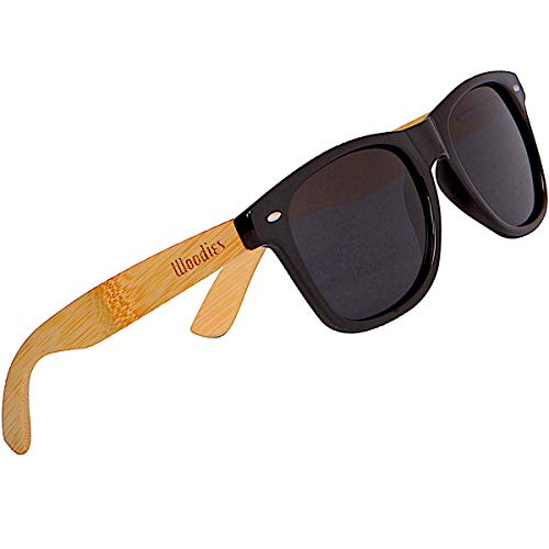 WOODIES Polarized Bamboo Wood Sunglasses for Men and Women | Black Polarized Lenses and Real Wooden Frame | 100% UVA/UVB Ray Protection