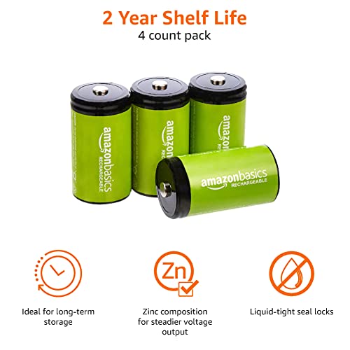 Amazon Basics 4-Pack Rechargeable D Cell NiMH Batteries, 10000 mAh, Pre-Charged, Recharge up to 1000x Times view 4