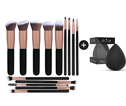 Makeup Brush Set PROFESSIONAL 14 Piece + Beauty Blender Sponge, Cruelty Free, NEW Affordable Cosmetic Makeup Tools, Kabuki, Foundation, Concealer, Powder and Blending, Eye Shadow, Black and Rose Gold.