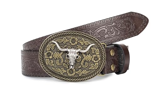 Image of Western Cowboy-Belts for Women Big-Buckle Longhorn-Bull PU-Leather Rodeo Cowgirl-Belt Engraved Floral - Waist 25-38 inch