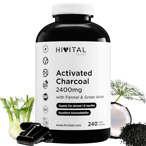 Carbón Activado 2400 mg. 240 cápsulas veganas para más de 1 mes de tratamiento. Carbón Activo Natural de Cáscara de Coco con Hinojo y Anís Verde. Fabricado en España por HIVITAL