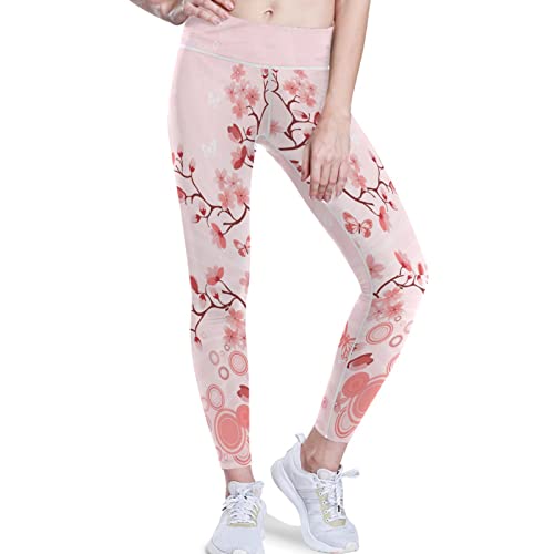 visesunny High Waist Yoga Pants with Pockets Japanese Cherry Blossom Tummy Control Workout Running Yoga Leggings for Women