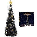 Fovths 5 Feet Christmas Black Tinsel Tree Coastal Glittery Collapsible Pop Up Artificial Tree with...