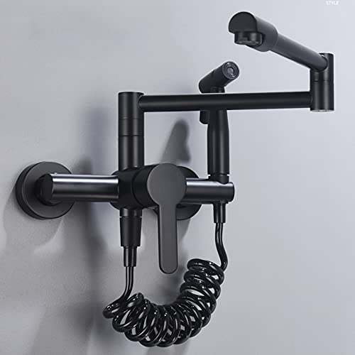 WOTZOV Grifo de Cocina de Pared con rociador, Grifo de Fregadero de latón con Brazo articulado Doble, Mezclador Monomando de Agua fría y Caliente, Color Negro.