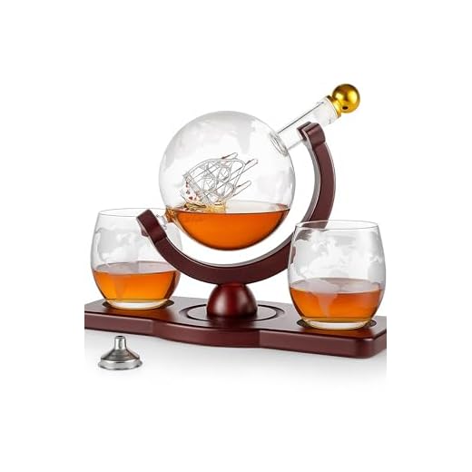 Whisky Karaffe Globus Geschenkset mit 2 Gläsern | Geschenke für Männer, Männergeschenke Geschenk - Whiskey Dekanter mit Schiff & Holzständer