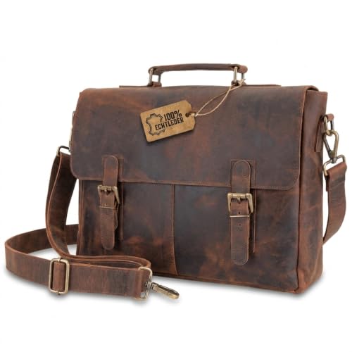moonster Aktentasche Herren Leder - Handgefertigte Laptoptasche 16 Zoll aus Büffelleder, Messenger Bag mit gepolstertem Fach, Umhängetasche für Damen & Herren, Lehrertasche Braun Rustikal