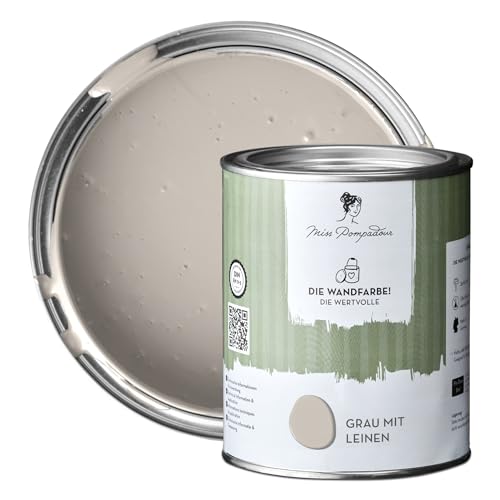 MissPompadour edelmatte Wandfarbe Grau mit Leinen 1L - sehr hohe Deckkraft - geruchsneutrale, spritzfreie Farbe - atmungsaktive, wasserbasierte Innenfarbe/Deckenfarbe - Die Wertvolle