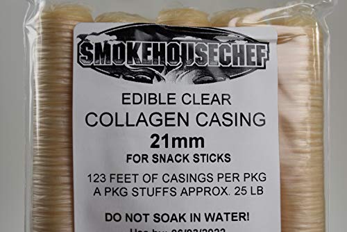 5-pack Smoked 21mm Collagen snack sausage casings for 25 lbs of snack sticks. From Smokehouse Chef. Beef product in USA