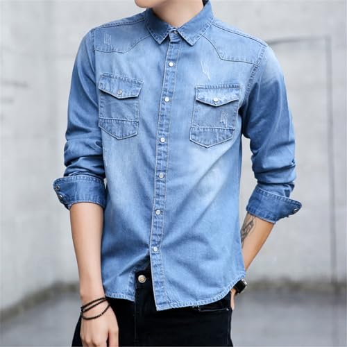 Kelsiop Men's Denim Shirt Cotton Slim Long Sleeve Jeans Jacket Street Fashion Handsome Autumn Button-Down Shirt2