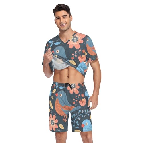 Men's Pajama Set Birds Flowers Print Short Sleeve with Shorts Pockets Sleepwear Set Summer Loungewear3