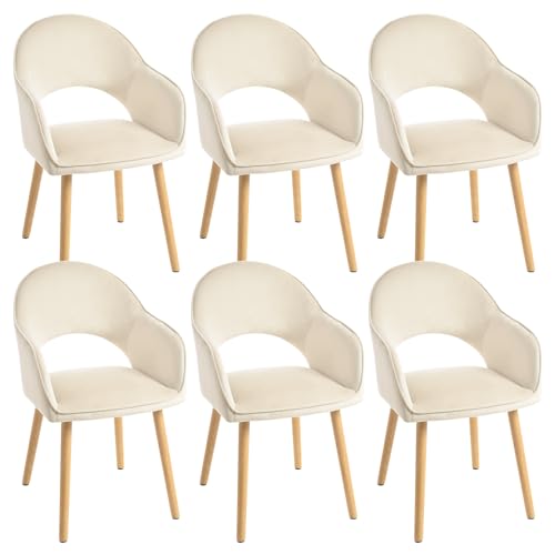 Goeurvant Lot de 6 chaises de Salle à Manger, avec Pieds en Bois, accoudoirs, rembourrées, accoudoirs, Velours, Cuisine, Assise en Velours, Beige