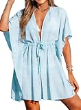 Vossmi Femme Robe de Plage Cache Maillots Manches Courtes Robe Décontractée Ample Élégante Bikini Cover Short Dress Cardigan Kimono Couvrir Beach Vacation Automne Bleu,Taille Unique