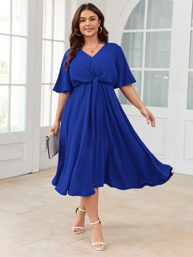 Image of SCOMCHIC Women Plus Size Midi Dresses Wedding Guest Short Sleeve V Neck Tie Waist Casual Summer Flowy A Line Dress