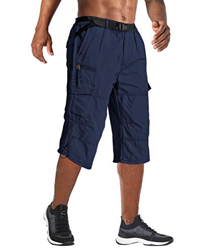 Wohthops Men\'s Performance Cargo Shorts Cotton 3/4 Loose Fit Below Knee Capri Cargo Shorts Navy, 33