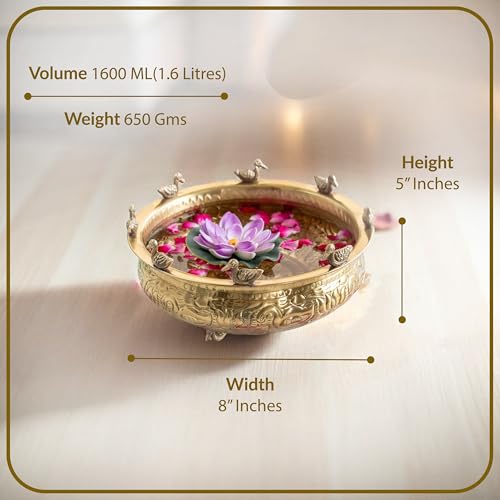 Image of INDIAN ART VILLA Brass Duck and Lotus Flower Embossed Design Urli, Ideal for Floating Candles, Flowers, Water, Home Decor, Spiritual & Festive Use, Symbolic Brass Decorative Centerpiece, 8 Inches