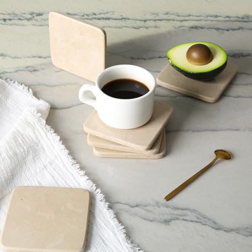 Dessous de verre carrés en marbre Koville lot de 6 pièces beige et jaune de 9,9 cm pour table basse - 8