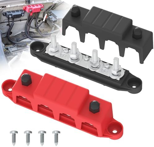 Bus Bar 250A 12V Power Distribution Block with 5/16" (M8) 4-Posts Terminals Block with Cover for Automotive, Marine, Battery System (Black & Red)