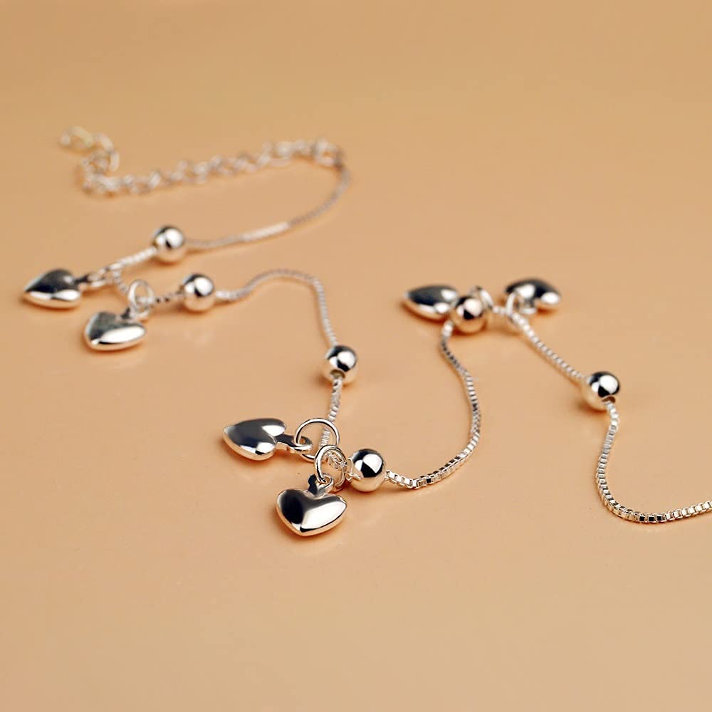 Fußkettchen Fuß, Neues 925 Sterling Silber Damen Fußkettchen Einfacher herzförmiger Anhänger Knöchelarmband Silberkette Sommer Beliebte Strandschmuck Geschenke