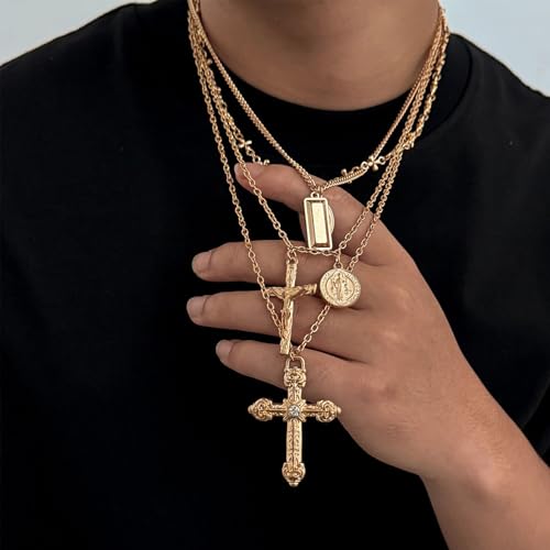 Layered Cross Necklace for Women Crucifix Virgin Mary Pendant Necklace Miraculous Saint Benedict Medal Charm Necklace Christian Baptism Religious Faith Jewelry Gifts2