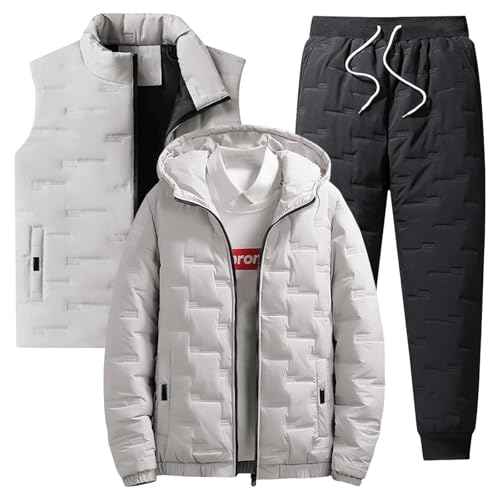 ジャージ メンズ 上下セット 3点セット ダウンジャケット セットアップ 大きいサイズ 前開き フード付き 中綿コート 厚手 あたたかい ストレートパンツ 無地 カジュアル かっこいい 通勤 通学 秋冬服(5XL,カーキ)
