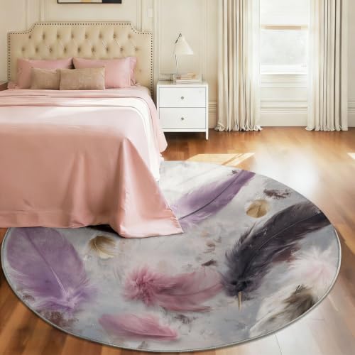 Tapis rond 120 cm antidérapant et lavable machine rose Plume - 6